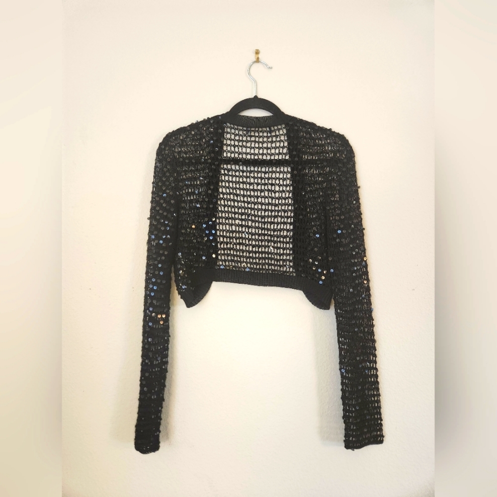 Black Sequin Long Sleeve Sheer Crop Cover - Enhance any top instantly 😃